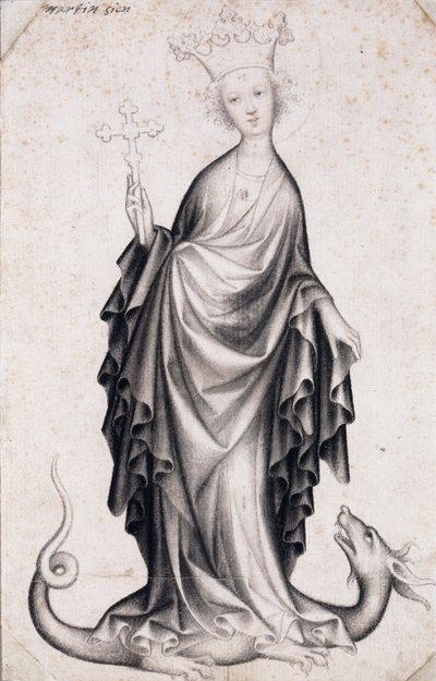 Sint Margaretha van Antiochië (overleden rond 305) (Saint Margaret) (zij houdt een crucifix vast en vertrapt een draak) - Werk van een meester uit Bohemen (actief 1410-1420), potlood en penseel op papier (21,4x14 cm), rond 1410 - Szepmuveszeti Muzeum, Boed door Bohemian School