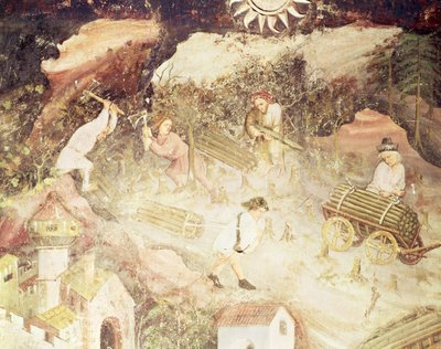 De maand december, (detail) mannen die bomen omhakken, c.1400 door Bohemian School