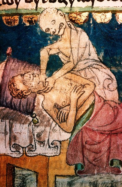 De dood wurgt een pestslachtoffer - Miniatuur uit het codex Stini, Bohemen door Bohemian School