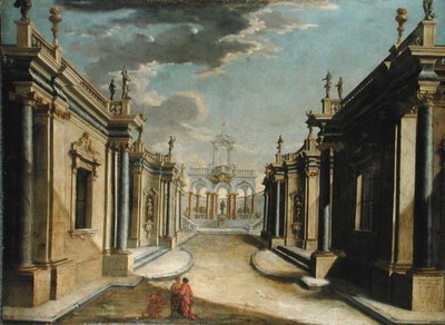 Een architectonische capriccio die het verhaal van de dochters van Minyas uitbeeldt door Bolognese School