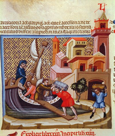Laden van Goederen op een Schip, uit het manuscript 