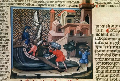 Laden van goederen op een schip, uit het manuscript 