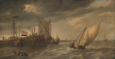 Reizigers ontschepen bij een steiger aan de Schelde in sterke wind door Bonaventura Peeters (I)