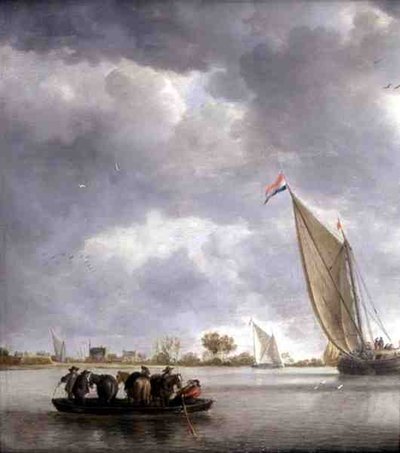 Bouwers repareren een huis aan een rivier door Bonaventura Peeters