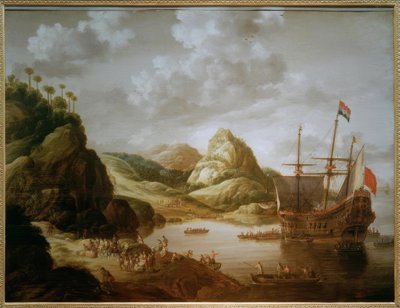 Landing van een driemaster aan een zuidelijke kust door Bonaventura Peeters