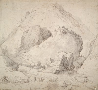 Bergachtig landschap met figuur te paard op de voorgrond door Bonaventura Peeters