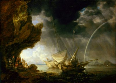 Zeegezicht met zeelieden die schuilen voor een regenbui, midden 17e eeuw door Bonaventura Peeters