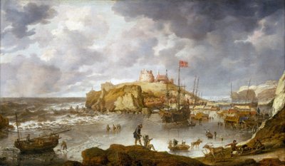 De haven van Archangel, Rusland, gedeeltelijk bevroren, met een schip dat de Deense vlag voert door Bonaventura Peeters