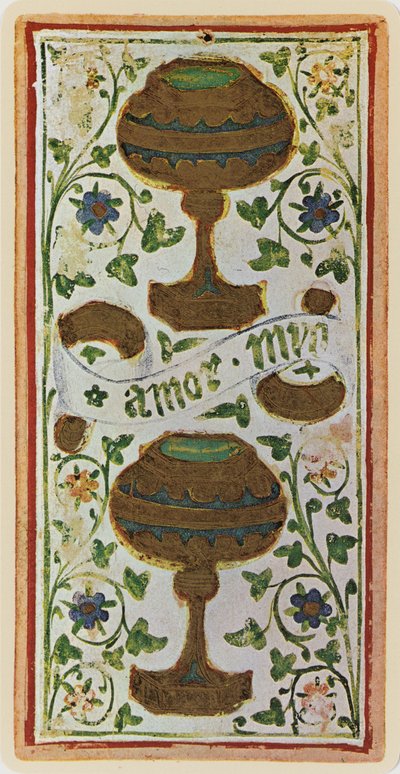 De Twee van Bekers, facsimile van een tarotkaart uit het 