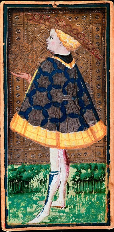 Valet de denier kaart. Kaart van het Tarotspel gemaakt door Bonifacio Bembo (1420-1482) voor Filippo Maria Visconti, circa 1440. Bergamo. Galleria dell