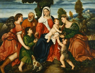 De Heilige Familie met Tobias en de Engel, Sint Dorothea, Giovannino, en het Wonder van het Graan daarachter door Bonifazio Veronese