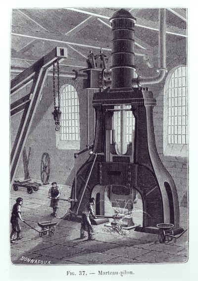 De Le Creusot Power Hammer, illustratie voor een boek over industriële machines, ca. 1880 door Bonnafoux