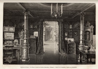 Het werkvertrek van de aartshertog van Oostenrijk Maximiliaan (1832-1867), in het kasteel van Miramar, dat hij liet bouwen in de buurt van Triëst, vanaf 1857, toen hij werd uitgeroepen tot onderkoning van het koninkrijk Lombardije en Veneto, gegraveerd doo door Bonnafoux Bonnafoux