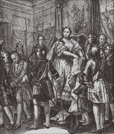 Anna Ioannovna scheurt de voorwaarden, 1730 door Boris Artemyevich Chorikov