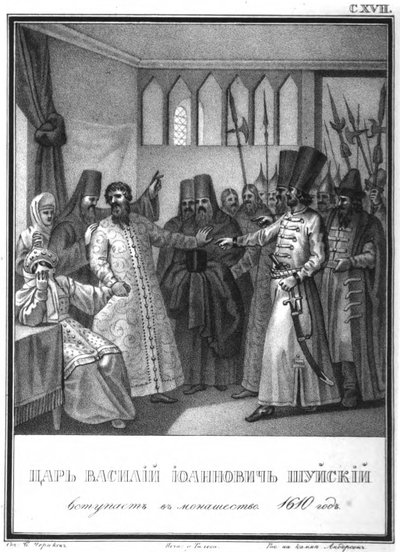 Monastieke wijding van Tsaar Vasili Ivanovich Shuisky, 1610 Uit Geïllustreerde Karamzin, 1836 door Boris Artemyevich Chorikov