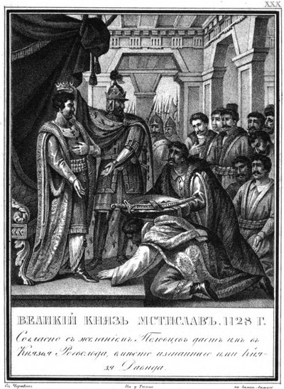 Mstislav I benoemde Rogvolod tot Prins van Polotsk. 1128 Uit Geïllustreerde Karamzin, 1836 door Boris Artemyevich Chorikov