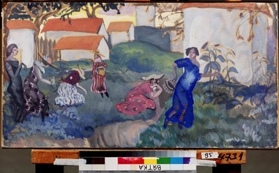 Zomer. Vrouwen rennen en spelen in een tuin voor huizen door Boris Dmitrievich Grigoriev