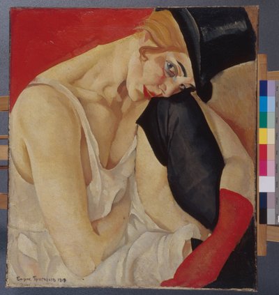 Vrouw met hoge hoed - Schilderij van Boris Dmitryevich Grigoriev, olie op doek door Boris Dmitrievich Grigoriev