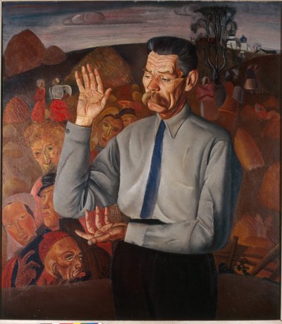Portret van de schrijver Maxime Gorki - Schilderij van Boris Dmitryevich Grigoriev, olie op doek door Boris Dmitrievich Grigoriev