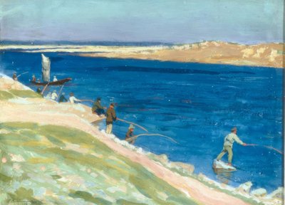 Rivierlandschap met vissers door Boris Jeremejewitsch Wladimirski