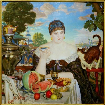 Koopmansvrouw bij de thee door Boris Mikhailovich Kustodiev