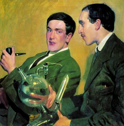 De natuurkundigen Pyotr Kapitsa en Nikolay Semyonov door Boris Mikhailovich Kustodiev