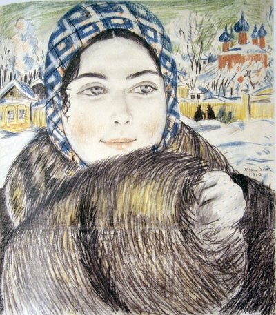 De vrouw van een jonge koopman in een geruite sjaal door Boris Mikhailovich Kustodiev