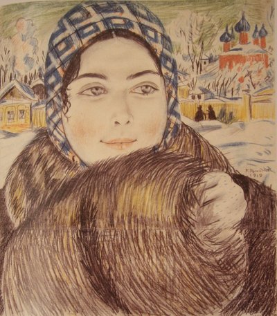 Een jonge koopmansvrouw in een geruite sjaal door Boris Mikhailovich Kustodiev