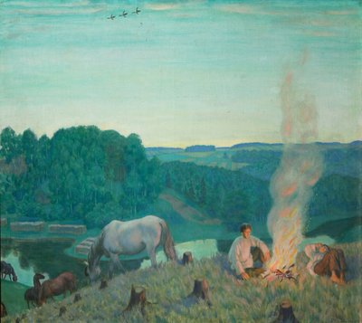 Kampvuur, 1916 door Boris Mikhailovich Kustodiev