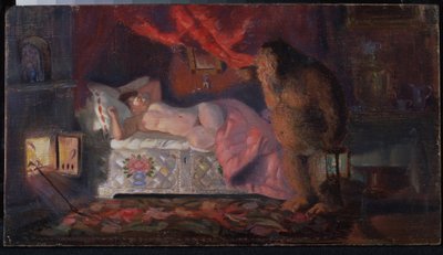 Domovoi gluurt naar de slapende vrouw van de wijnhandelaar door Boris Mikhailovich Kustodiev
