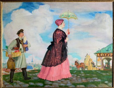 Koopmansvrouw met aankopen door Boris Mikhailovich Kustodiev