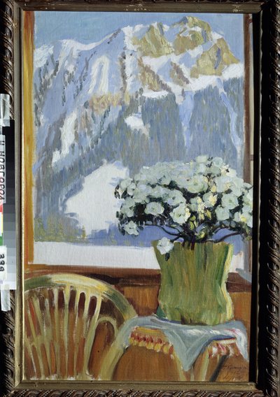 Bloemen op het balkon met uitzicht op de bergen door Boris Mikhailovich Kustodiev