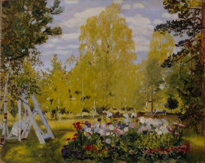 Landschap met een bloembed door Boris Mikhailovich Kustodiev