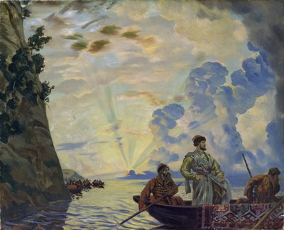 De Kozakkenleider Stepan (Stenka) Timofejevitsj Razine in een boot door Boris Mikhailovich Kustodiev