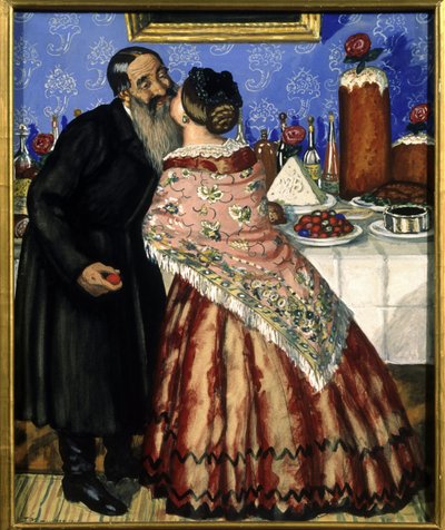 De paasgroeten (een paar kust bij de tafel gedekt voor het paasmaal) - Schilderij van Boris Michaylovich Kustodiev (1878-1927), tempera op karton door Boris Mikhailovich Kustodiev