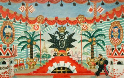 Paleis, een schets voor E. Zamyatins toneelstuk, De Vlo door Boris Mikhailovich Kustodiev