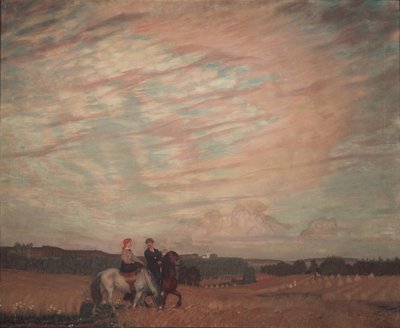 Zelfportret met de vrouw te paard door Boris Mikhailovich Kustodiev