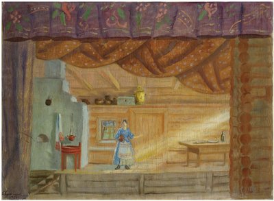 Toneelontwerp voor het stuk Virineya door Lidia Seyfullina, 1925 door Boris Mikhailovich Kustodiev