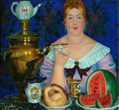 De koopmansvrouw drinkt thee, 1923 door Boris Mikhailovich Kustodiev