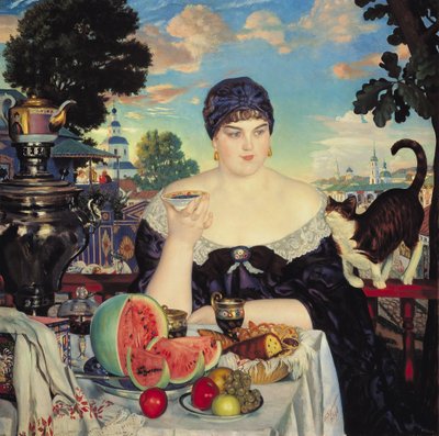 De vrouw van de koopman aan de thee door Boris Mikhailovich Kustodiev