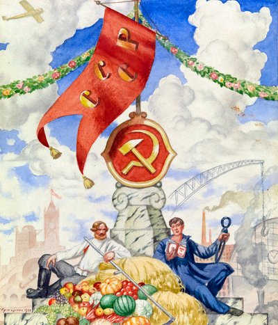 Arbeider en boer verenigd onder de communistische vlag door Boris Mikhailovich Kustodiev