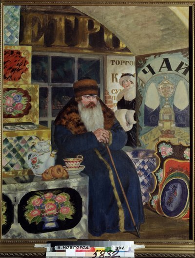 Een koopman van beschilderde kistjes door Boris Mikhailovich Kustodiev