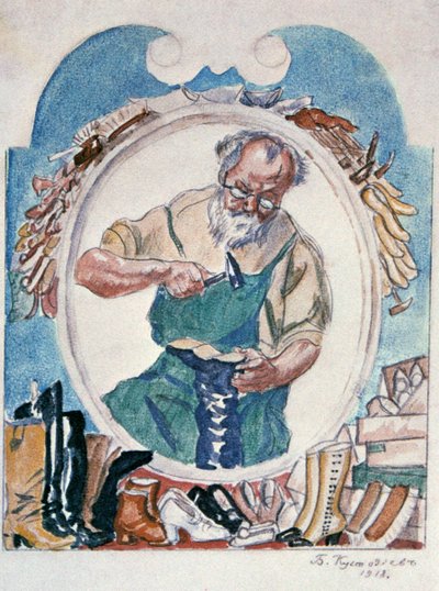 De schoenmaker, 1918 door Boris Mikhailovich Kustodiev