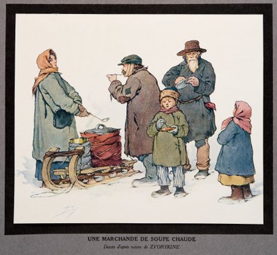 Een hete soepverkoper, uit Histoire des Soviets, pub. 1922 door Boris Vasilievich Zvorykin