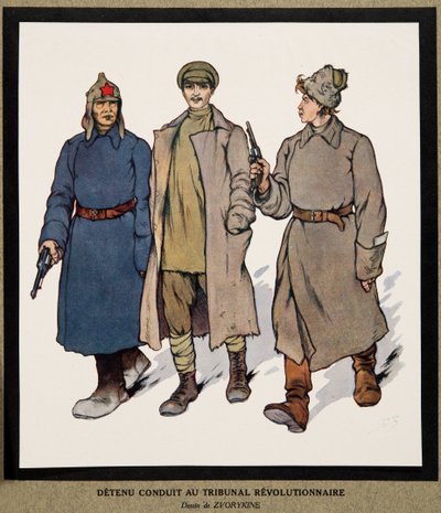 Gevangene wordt naar een Revolutionair Tribunaal gebracht; uit Histoire des Soviets, uitgegeven 1922 door Boris Vasilievich Zvorykin