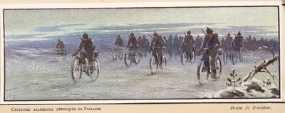 Duitse fietsers arriveren in Finland, uit Histoire des Soviets, pub. 1922 door Boris Vasilievich Zvorykin