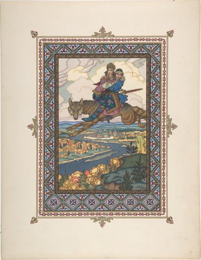 Illustratie voor het sprookje van Ivan Tsarevich, de Vuurvogel en de Grijze Wolf, ca. 1925 door Boris Vasilievich Zvorykin