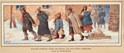 Sovjetarbeiders verlaten het kantoor met hun voedselrantsoenen, uit Histoire des Soviets, uitgegeven 1922 door Boris Vasilievich Zvorykin