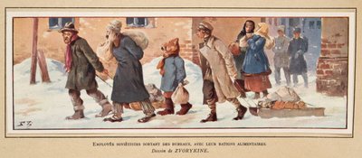 Sovjetarbeiders verlaten het kantoor met hun voedselrantsoenen, uit Histoire des Soviets, uitgegeven 1922 door Boris Vasilievich Zvorykin
