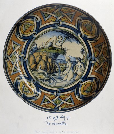 Actéon betrapt Artemis (Diana) in bad - in “Collection of Italian faiences of the XV, XVI and XVIIIth centuries”, ontworpen door C. Delange en C. Borneman, uitgegeven door Delange, Parijs door Bornemann Bornemann